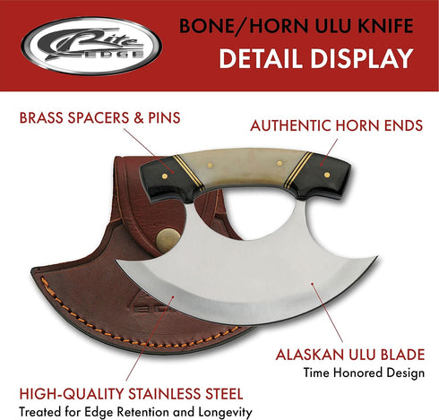 SZCO SUPPLIES 5.5" Horn/Bone Handle Crescent Blade Ulu Knife with Sheath, Black/White