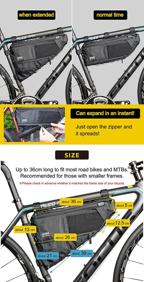 GORIX Expandable 3.5L Bike Triangle Frame Bag, Waterproof Cycling Top Tube Bag