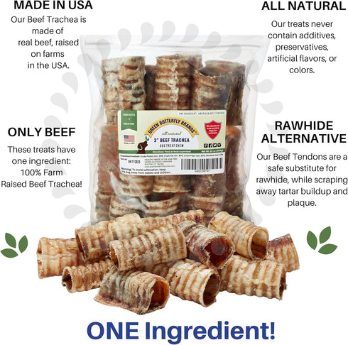 (3" 16 OZ) Dog Chews Beef Trachea Dog Treat Chew Made in USA. Grass Fed Farm-Raised American Beef. Glucosamine Rich