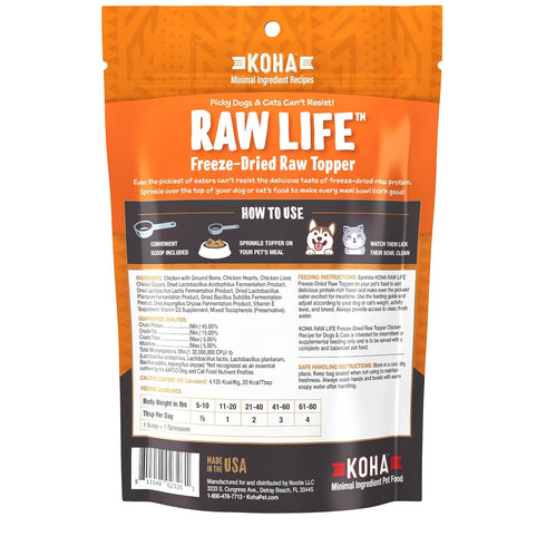KOHA Raw Life Freeze-Dried Raw Topper Chicken, for Dogs and Cats, High Protein Meal Topper for Picky Eaters with Probiotics, 8oz Bag