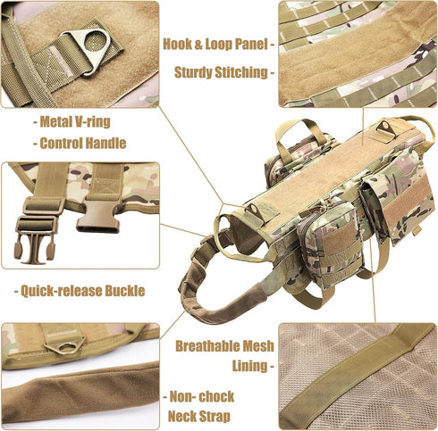 Tactical Dog Harness with Pouches, Adjustable No-Pull Military Dog Vest for Large Medium Dogs, Handle for Walking