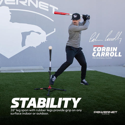 PowerNet Corbin Carroll Baseball Softball Batting Tee - Adjustable Height 27.5" - 44", Portable Collapsible Hitting