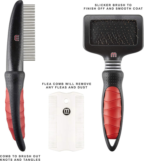 Mikki 3pcs Puppy Dog Grooming Kit - Slicker Brush, Comb, and Flea Comb, Gentle Starter Set