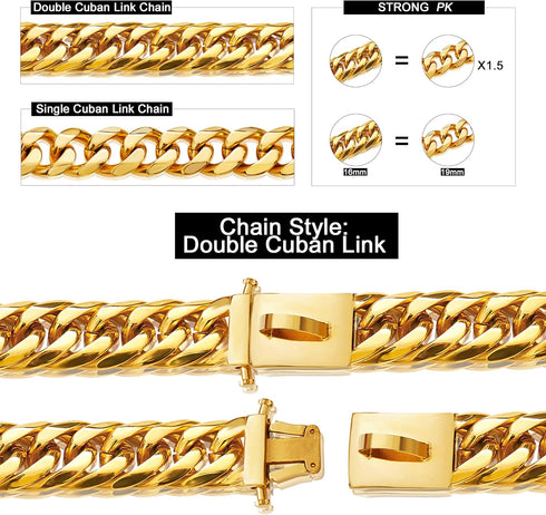 Gold Chain Dog Collar - 16MM 18K Gold Cuban Link with Secure Snap Buckle for Small Pitbull (16MM, 20")