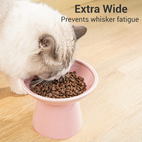 Extra Wide Elevated Cat Bowls, 6.2" Ceramic Cat Food Bowl, Shallow Dish for Whisker Fatigue, Pink
