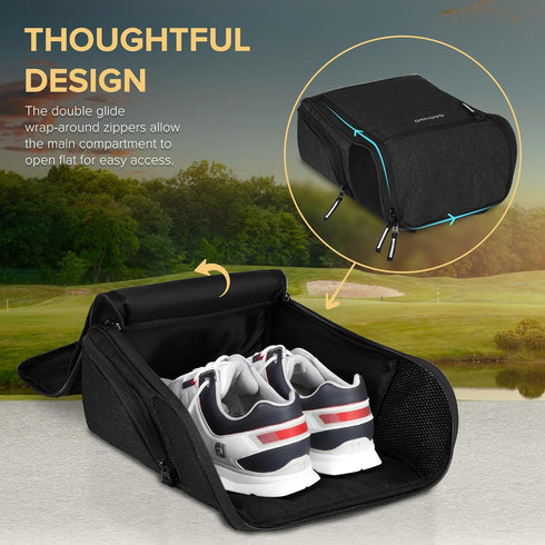 Golf Shoe Bag for Men Women, Padded Carry Bags with Clasped Strap Handle & Side Ventilation, 3 Pockets for Accessories