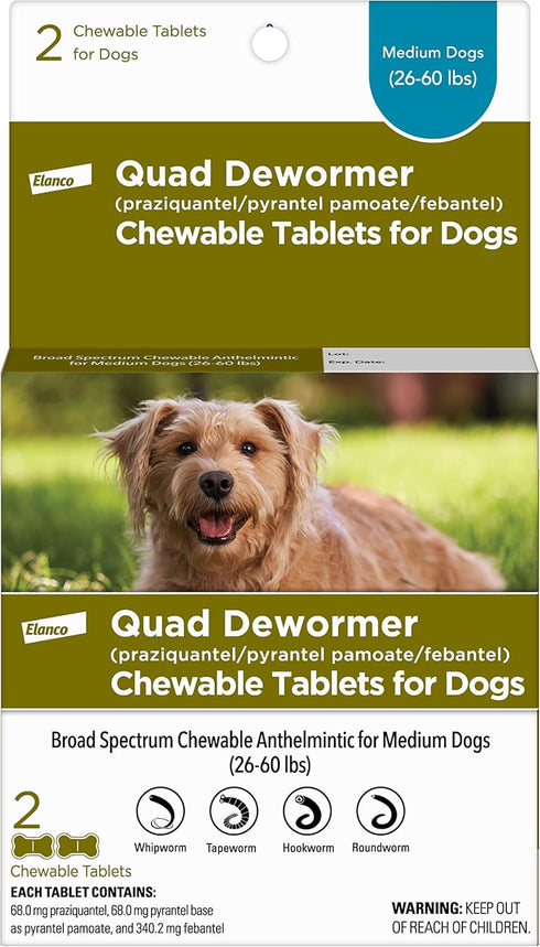 Elanco Chewable Quad Dewormer for Medium Dogs, 2 Chewable Tablets for 26-60 lbs