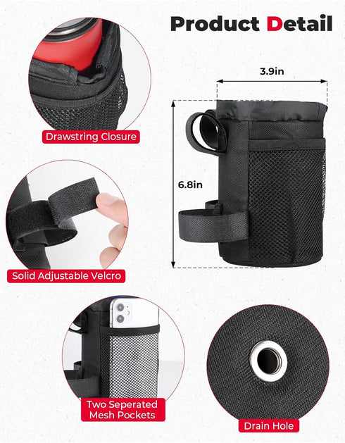 KEMIMOTO Large Bike Cup Holder, Bicycle Water Bottle Holder for Handlebar with Mesh Pockets Phone Bag
