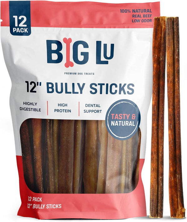 Big Lu - 12 Bully Sticks, 12 Count, Long-Lasting, 100% Grass-Fed Beef