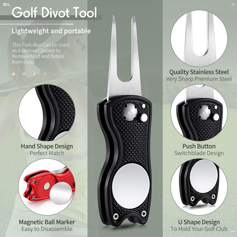 Skylety 4 Pcs Golf Divot Repair Tool, Metal Foldable Tool with Magnetic Pop-up Button Ball Marker for Golfers