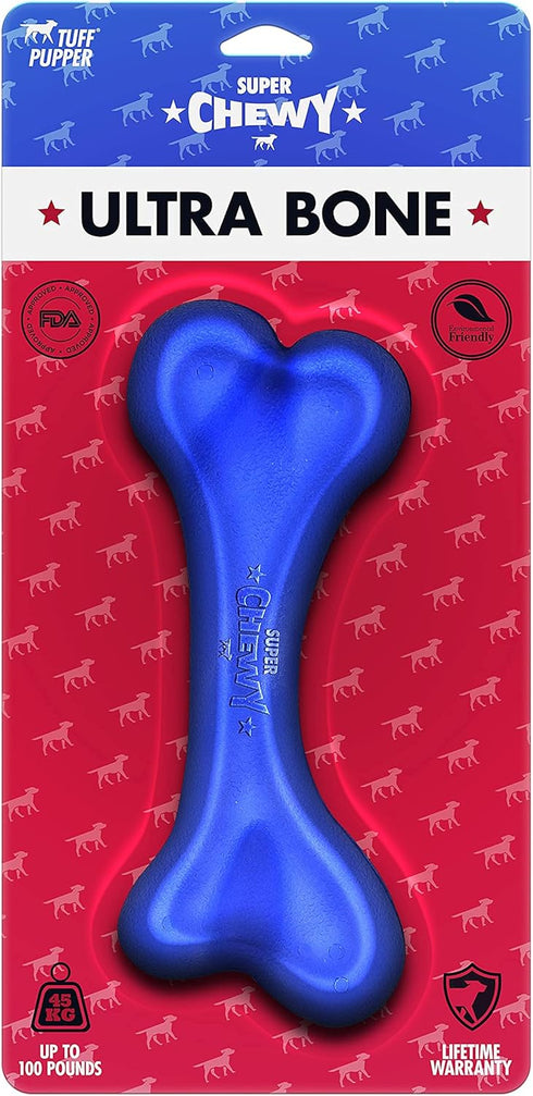 Tuff Pupper SuperChewy Tough Dog Bone Toy, Lifetime Replacement, Strong Natural Rubber, Great Fetch Toy for Dogs