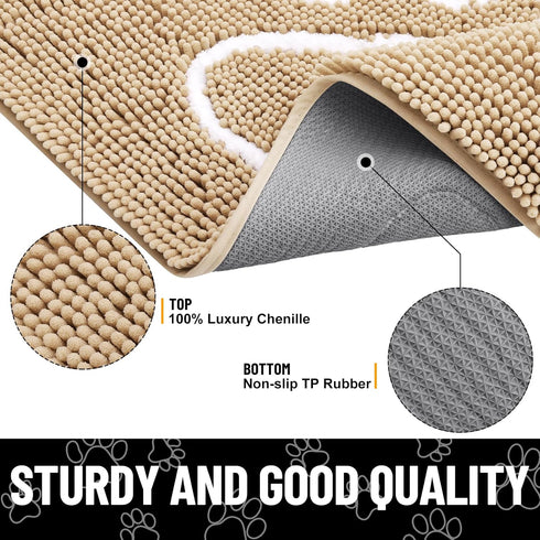 smiry Dog Door Mat for Muddy Paws, Absorbent Non-Slip Washable Mat, Quick Dry Chenille (48x30 Inches, Beige)