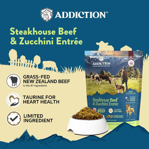 2lb Addiction Steakhouse Beef & Zucchini Air-Dried Grain-Free Dog Food Complete Meal or Topper with Natural Ingredients