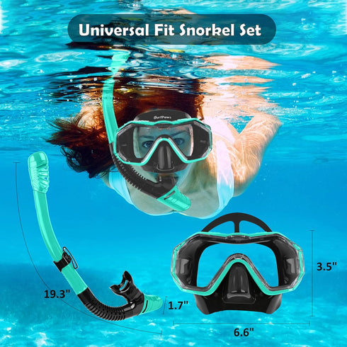 Snorkeling Gear Set - Anti-Fog Mask, 3-Piece Dry Top Snorkel with Panoramic View, Food Grade Silicone