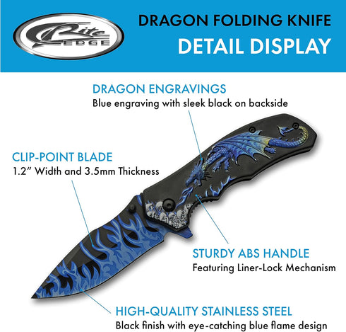 SZCO Supplies 8” Blue Dragon Decaled Liner Lock Folding Knife with Pocket Clip by SZCO Supplies