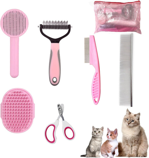 Cat Grooming Brush Kit 6 Tools - Deshedding & Dematting for Long/Short