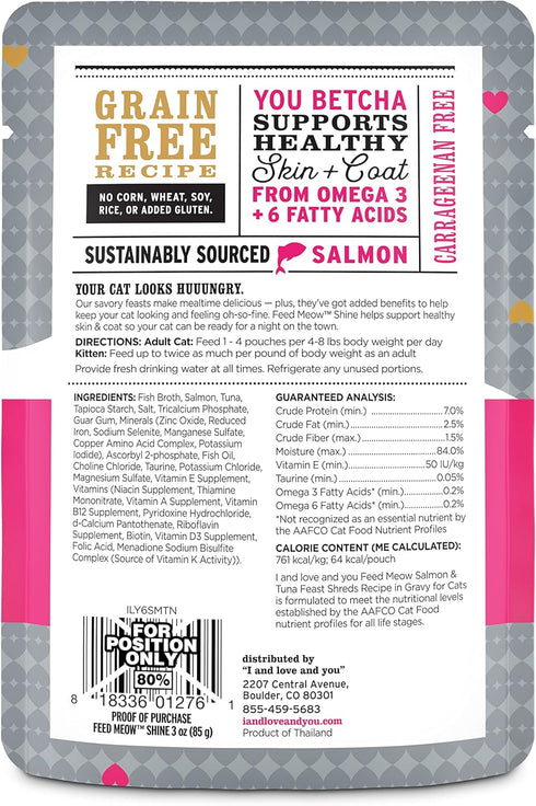 I AND LOVE AND YOU Feed Meow Shine Wet Cat Food, Salmon + Tuna, Grain Free, Shredded, 3oz, Pack of 12