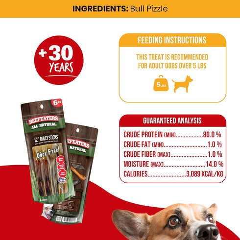 Beefeaters Dog Treats - 12in Bully Sticks, 6ct | All-Natural, Highly Digestible | Training Treats for All Dog Sizes