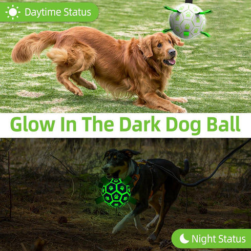 Glow in The Dark Dog Toys, Interactive Light Up Dog Balls, Outdoor Dog Soccer Ball with Straps, Dog Tug Toys for Small & Medium Dogs, Puppy Birthday Gifts(6 Inch)