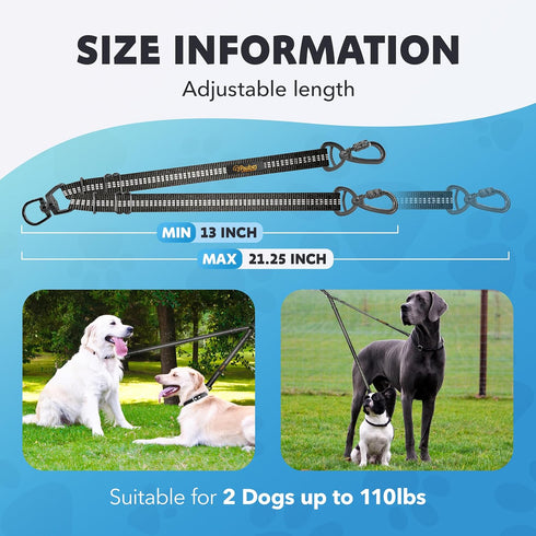 Double Dog Leash – Adjustable Length Long Leash for Training, Reflective Design, Heavy Duty Nylon (Black, Large)