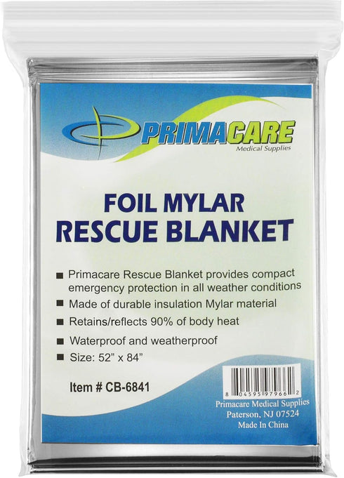 Primacare HB-10 Emergency Foil Mylar Thermal Blanket (Pack of 10), 52" x 84", Silver
