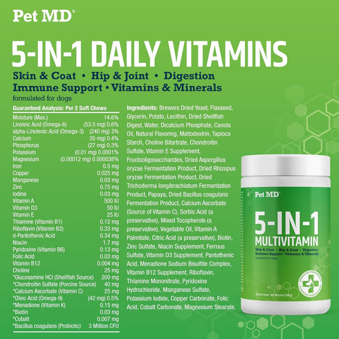 Pet MD 5in1 Dog Multivitamin - 30 Essential Vitamins, Minerals & Nutrients for Skin, Coat, Hip, Joint, 60ct