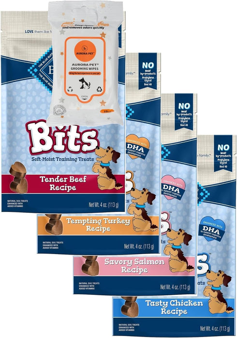 Aurora Pet Variety Pack (4) Blue Bits Soft-Moist Training Dog Treats (Salmon,