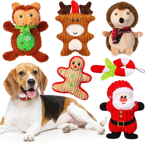 6 Pcs Christmas Squeaky Dog Toys - Stuffed Plush Toys with Squeaker for Small Medium Large Dogs - Interactive Puppy