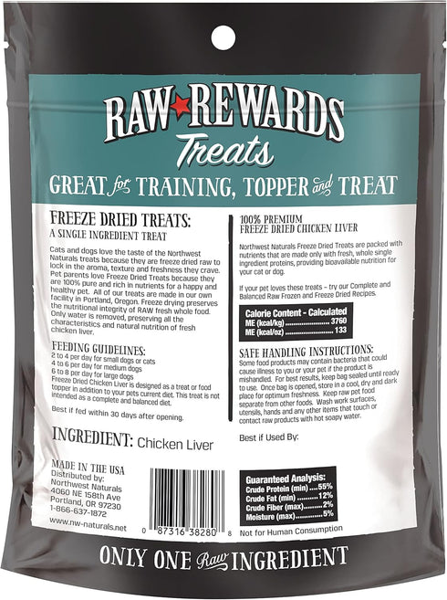 Northwest Naturals Raw Rewards Freeze-Dried Chicken Liver Treats for Dogs and Cats, 3 Oz (Pack of 3)