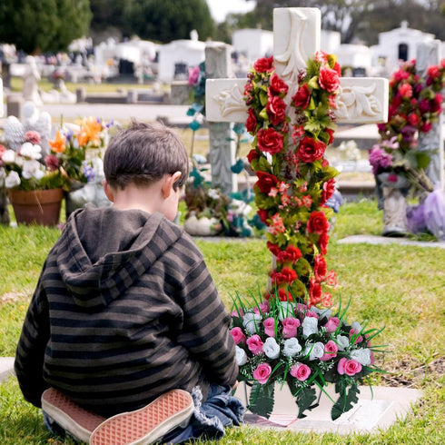 Gooddyiyukey Artificial Grave Flowers for Cemetery, Mothers Day Grave Decorations, Faux Fake Red White Blue Silk Roses