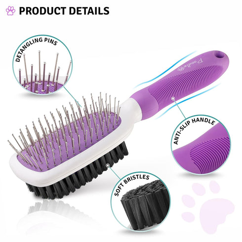 Pet Grooming Brush - Two-Sided Design for Dogs, Cats & Other Animals with Fur Detangling Pins & Coat Smoothing Slicker