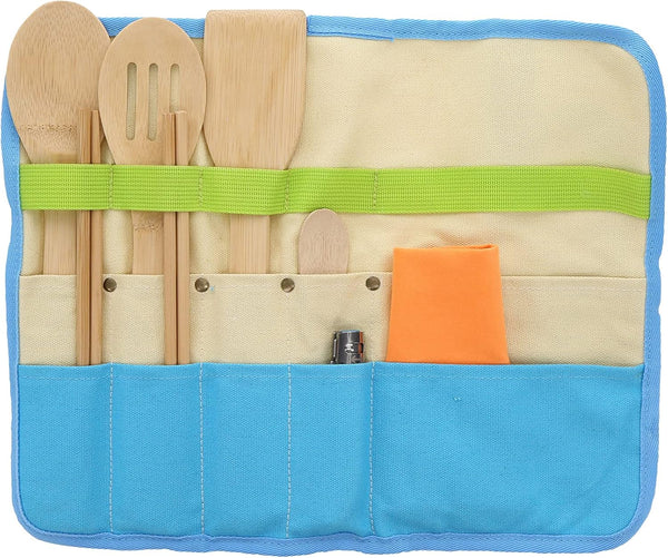 ust Camp Kitchen Roll Up with 7 Piece Bamboo Utensil Set in Portable Organizer for Cooking, Camping, Everyday Use