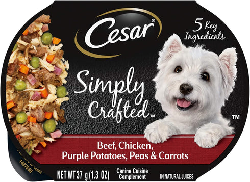 CESAR SIMPLY CRAFTED Adult Wet Dog Food Meal Topper, Beef, Chicken, Purple Potatoes, Peas & Carrots, 1.3 oz, Pack of 10