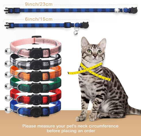 6 Pack Classic Plaid Cat Collars with Bells - Adjustable Breakaway Kitten Collar for Girl & Boy Cats, Pet Gifts &