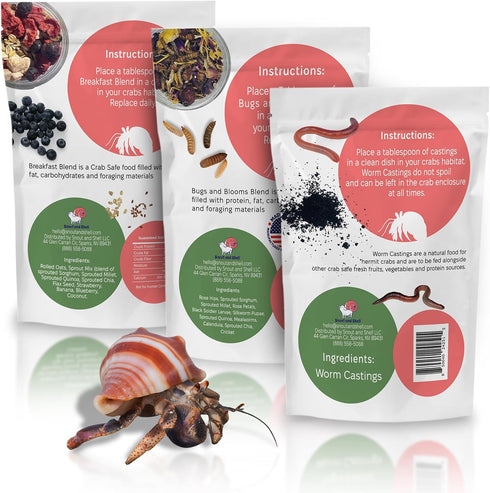Pack Snout and Shell Hermit Crab Food Variety Fruity Breakfast, Bugs & Blooms, and Organic Worm Castings High-Protein