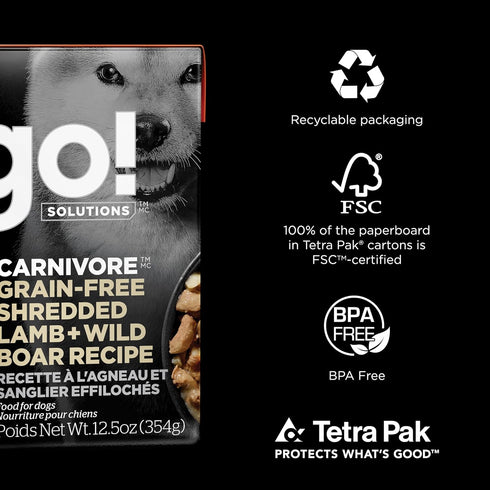 GO! SOLUTIONS Carnivore Protein Rich Wet Dog Food, Grain Free Shredded Lamb and Wild Boar, Complete Nutrition, 12.5 oz