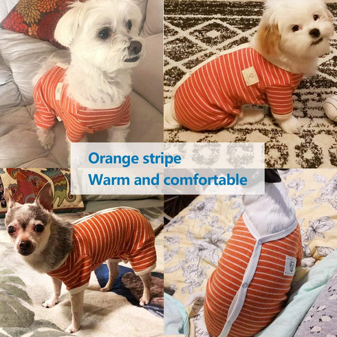 TONY HOBY Stripes Dog Pajamas for Female/Male Pets, 4 Legged Jumpsuit, Soft Cotton Clothes (XL, Orange+White-Boys)