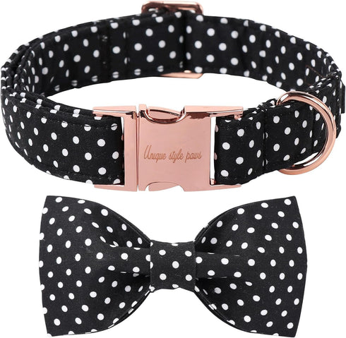 Unique Style Paws Cotton Dog Collar with Bow, Black White Round Dot for Small Medium Large Boys Girls