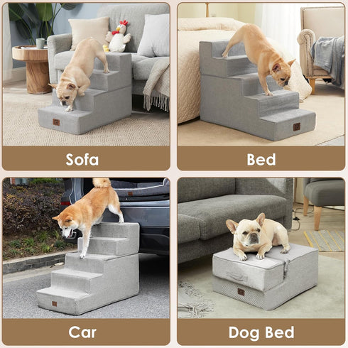 EHEYCIGA Dog Stairs for Bed, 18”H, 4-Step Non-Slip Indoor Ramp for Small Dogs and Cats, Light Grey