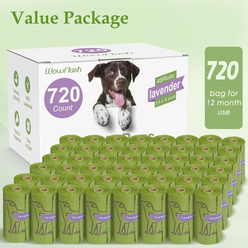 Wowflash 720 Count 13 9Dog Lavender Scented x Poop Bags Rolls, Leakproof Strong & Sturdy Waste Bags for Doggie Cat Pet