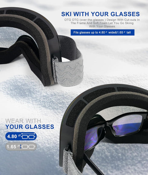 NSSIW Ski Goggles for Men, Women, and Youth, OTG Snowboard Goggles with UV Protection and Anti Fog