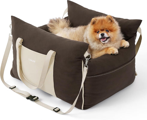 Lesure Small Dog Car Seat - Waterproof Booster Seat with Storage Pockets and Clip-On Safety Leash, Brown