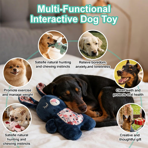 26cm/10.24in Blue Bunny Plush Squeaky Dog Toy for Chewers Puppy Teething Chew Toy Cute Soft Funny Indoor Outdoor