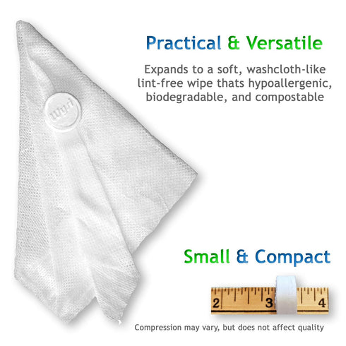 Multi-Purpose 9x9” Expandable Wipes with Travel Tubes - Pack of 5 Tubes (60 Tabs Total) - All Natural Reusable Wipes