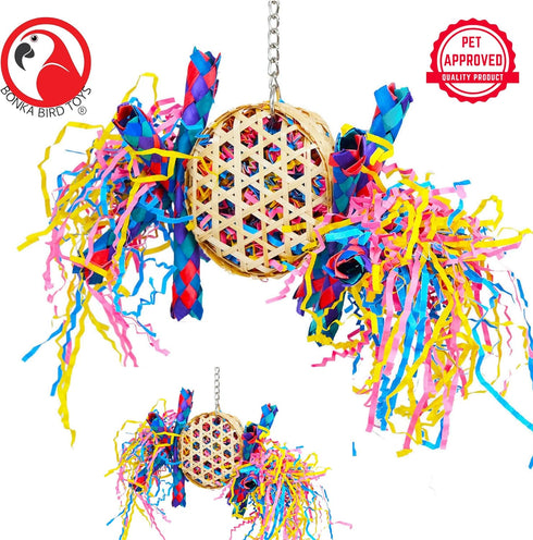 Bonka Bird Toys 1721 Round Basket Bamboo Paper Crinkle Beak Feet Hanging Forage Stuffed for Parrots