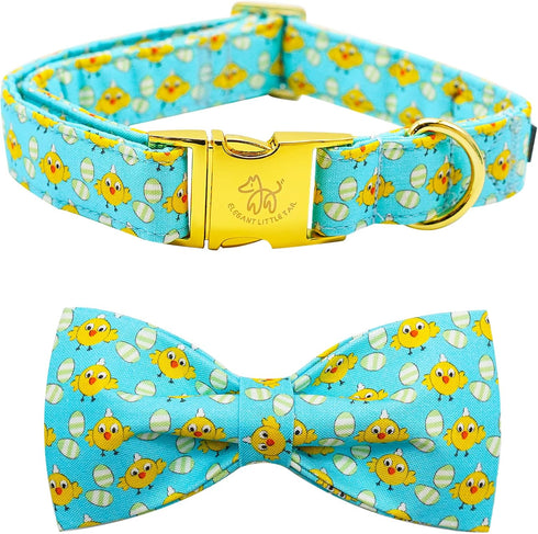 Elegant Little Tail Easter Day Dog Collar with Bow, Chicken Eggs Print, Adjustable for Small Dogs