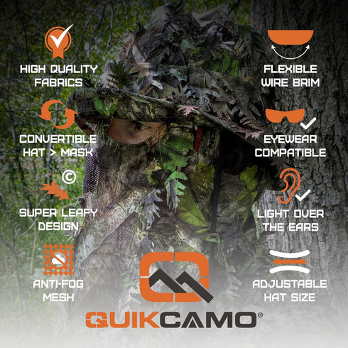 QuikCamo Realtree & Mossy Oak 3D Leafy Camo Face Mask Bucket Hat for Men, Fully Adjustable OSFM for Hunting