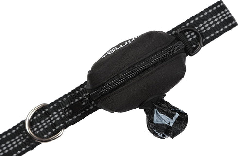 Dog Poop Bag Holder with Leash Attachment, Black - Includes 1 Roll of Poop Bags, Lightweight Fabric Dispenser