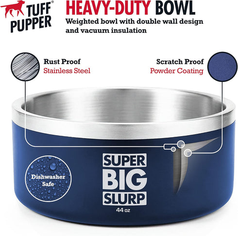Tuff Pupper Heavy Duty Insulated Dog Bowl | Double Wall Stainless Steel Dog Food Dish | Non-Slip Spill Proof Dishwasher Safe Cat Bowl | Water Bowl for Feeding Large Medium Small Pets (44oz, Blue)