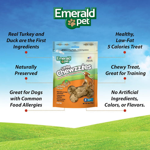 Emerald Pet Little Chewzzies Wheat Free Training Dog Treats — Healthy and Tasty Natural Dog Chews with Real Meat or Peanut Butter — Limited Ingredient Dog Treats Made in The USA — Turducky, 5 oz